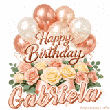 Happy Birthday Gabriela animated GIF with elegant rose gold balloons and pink roses