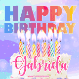 A vibrant animated name GIF with the words 'Happy Birthday Gabriela' with colorful candles on a creamy cake. The background sparkles with pastel shades, adding a festive touch.