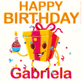 A vibrant and funny gift box character with a happy face dancing with a cupcake and the text 'Happy Birthday Gabriela,' surrounded by animated confetti and party vibes.