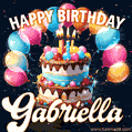 Hand-drawn happy birthday cake adorned with an arch of colorful balloons - name GIF for Gabriella