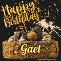 Celebrate Gael's birthday with a GIF featuring chocolate cake, a lit sparkler, and golden stars