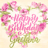 A stunning heart made of pink roses surrounds the elegant script text 'Happy Birthday Gaetana' on a soft beige background. Animated sparkles add a magical and festive feel.