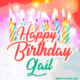 Bright birthday candles with rainbow flames on a cake, alongside the text 'Happy Birthday Gail' in vibrant script in this celebratory animated GIF.