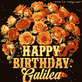 Beautiful bouquet of orange and red roses for Galilea, golden inscription and twinkling stars