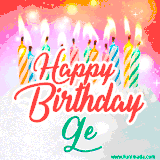 Bright birthday candles with rainbow flames on a cake, alongside the text 'Happy Birthday Ge' in vibrant script in this celebratory animated GIF.