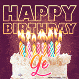 A colorful birthday cake topped with lit candles, with the words 'Happy Birthday Ge' in bold glowing letters on a burgundy background. Animated flames add a festive touch.