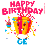 A vibrant and funny gift box character with a happy face dancing with a cupcake and the text 'Happy Birthday Ge,' surrounded by animated confetti and party vibes.