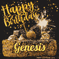 Celebrate Genesis's birthday with a GIF featuring chocolate cake, a lit sparkler, and golden stars