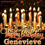 A glowing personalized birthday GIF with name Genevieve featuring lit candles with intricate designs, warm lighting, and the text 'Happy Birthday' in an elegant font.