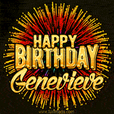 Golden 'Happy Birthday Genevieve' text accompanied by animated rainbow fireworks for a festive animated greeting.