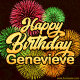 Golden text reading 'Happy Birthday Genevieve' surrounded by vibrant fireworks in red, green, and yellow, set against a dark background in this celebratory birthday GIF.