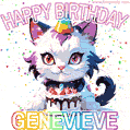 Cute cosmic cat with a birthday cake for Genevieve surrounded by a shimmering array of rainbow stars