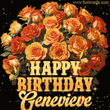 Animated bouquet of orange roses with moving butterfles and golden 'Happy Birthday Genevieve' text, surrounded by sparkling accents and a dark backdrop for a luxurious feel.