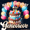 Hand-drawn happy birthday cake adorned with an arch of colorful balloons - name GIF for Genevieve