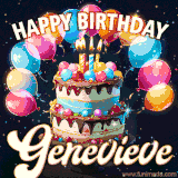 Bright birthday animation for Genevieve with a chocolate cake, candles, balloons, and glowing celebratory lights.