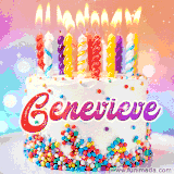 A cheerful white birthday cake with multicolor sprinkles, lit candles, and 'Genevieve' written in vibrant letters, in an animated GIF.