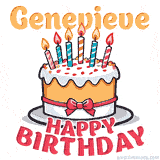 Cartoon birthday cake with a red bow, glowing candles, and 'Genevieve Happy Birthday' text in bold animated style.