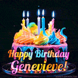 A mesmerizing animated cake with multicolor frosting and candles, and the words 'Happy Birthday Genevieve' on the black background.