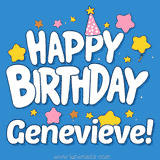 Colorful animated birthday card with the text 'HAPPY BIRTHDAY Genevieve!' in a white playful font surrounded by stars, hearts, and a party hat on a blue background.