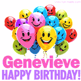 Animated colorful and joyful birthday balloons with cheerful smiles and a bright 'Happy Birthday Genevieve!' message in pink and purple.