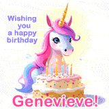 A cute moving unicorn with a birthday cake and candles, featuring 'Wishing you a happy birthday, Genevieve!' in colorful text.