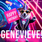 Animated GIF of a cool dog wearing a suit and sunglasses, holding a 'Happy Birthday' sign for Genevieve, set against a bright and colorful neon party background.
