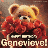 Cinematic style cute animated teddy bear with charming features holding a large bouquet of red roses, the words say 'Happy Birthday Genevieve' in sans serif font.