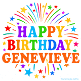 Happy Birthday Genevieve' GIF with rainbow-colored letters, colorful stars, and fireworks on white background.