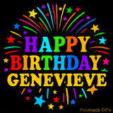 Personalized greeting card with name, colorful text that says 'Happy Birthday Genevieve' surrounded by animated fireworks and multicolor stars