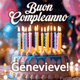 Birthday cake topped with pink and yellow lit candles, surrounded by glowing bokeh lights and party balloons. The greeting 'Buon Compleanno Genevieve GIF!' is displayed.