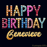 Vibrant luxury birthday greeting card for Genevieve, showing glittering gemstone letters and golden calligraphy on a dark background with twinkling shine effects.