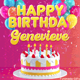 Pink-themed animated greeting with balloons, confetti, and a frosted cake under the message 'Happy Birthday Genevieve' in bold rounded yellow font.