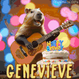 Animated birthday GIF showing a capybara playing guitar and singing beside a birthday cake with the name Genevieve in large letters and colorful bokeh lights in the background.