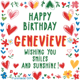 A colorful animated card for Genevieve’s birthday featuring playful hearts, cheerful flowers, and a handwritten message wishing smiles and sunshine.
