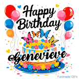 An animated birthday card for Genevieve. It features a festive cake with her name, 'Genevieve', and colorful butterflies. Floating balloons and hearts complete the joyful scene.