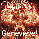 Metallic gold and red party balloons tied to a luxury gift package under a sky filled with bright firework bursts, made for Genevieve.
