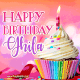 A vibrant birthday GIF featuring a rainbow-colored cupcake topped with white frosting, sprinkles, and a lit candle. The text reads 'Happy Birthday Ghila' in bold pink and violet letters with white outline.
