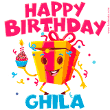 A vibrant and funny gift box character with a happy face dancing with a cupcake and the text 'Happy Birthday Ghila,' surrounded by animated confetti and party vibes.