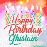 Bright birthday candles with rainbow flames on a cake, alongside the text 'Happy Birthday Ghislain' in vibrant script in this celebratory animated GIF.