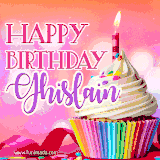 A vibrant birthday GIF featuring a rainbow-colored cupcake topped with white frosting, sprinkles, and a lit candle. The text reads 'Happy Birthday Ghislain' in bold pink and violet letters with white outline.