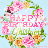 A charming animated GIF featuring 'Happy Birthday Ghislain' in pink and green text, surrounded by delicate roses, leaves, and fluttering butterflies on a soft light blue pastel background.