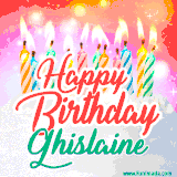 Bright birthday candles with rainbow flames on a cake, alongside the text 'Happy Birthday Ghislaine' in vibrant script in this celebratory animated GIF.