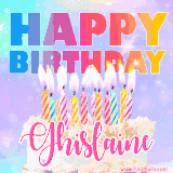 A vibrant animated name GIF with the words 'Happy Birthday Ghislaine' with colorful candles on a creamy cake. The background sparkles with pastel shades, adding a festive touch.