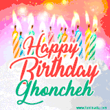 Bright birthday candles with rainbow flames on a cake, alongside the text 'Happy Birthday Ghoncheh' in vibrant script in this celebratory animated GIF.