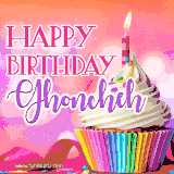 A vibrant birthday GIF featuring a rainbow-colored cupcake topped with white frosting, sprinkles, and a lit candle. The text reads 'Happy Birthday Ghoncheh' in bold pink and violet letters with white outline.