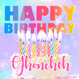 A vibrant animated name GIF with the words 'Happy Birthday Ghoncheh' with colorful candles on a creamy cake. The background sparkles with pastel shades, adding a festive touch.