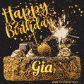 Celebrate Gia's birthday with a GIF featuring chocolate cake, a lit sparkler, and golden stars