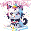 Cute cosmic cat with a birthday cake for Gia surrounded by a shimmering array of rainbow stars