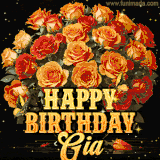 Animated bouquet of orange roses with moving butterfles and golden 'Happy Birthday Gia' text, surrounded by sparkling accents and a dark backdrop for a luxurious feel.