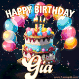 Bright birthday animation for Gia with a chocolate cake, candles, balloons, and glowing celebratory lights.